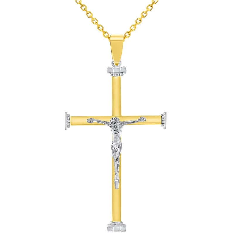 14k Solid Two-Tone Gold 3D Catholic Christian Crucifix Cross Pendant Necklace