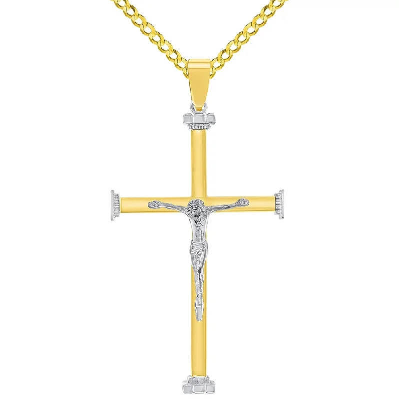 14k Solid Two-Tone Gold 3D Catholic Christian Crucifix Cross Pendant with Cuban Chain Curb Necklace