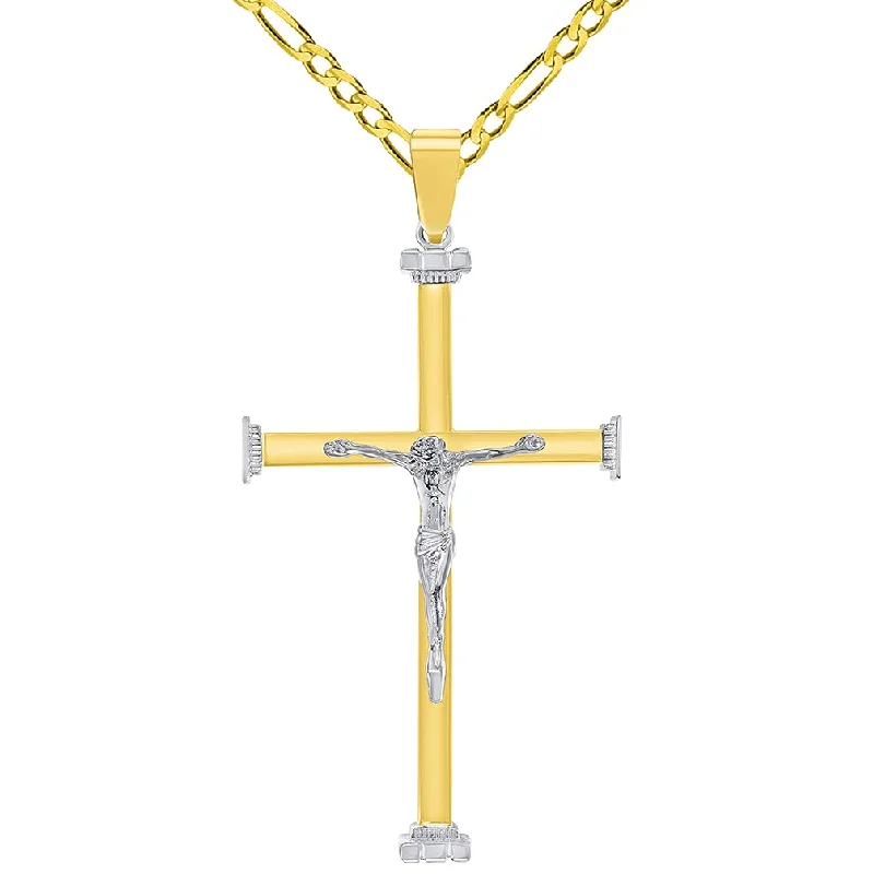 14k Solid Two-Tone Gold 3D Catholic Christian Crucifix Cross Pendant with Figaro Chain Necklace