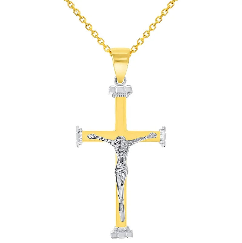 14k Solid Two-Tone Gold 3D Religious Crucifix Cross Pendant Necklace