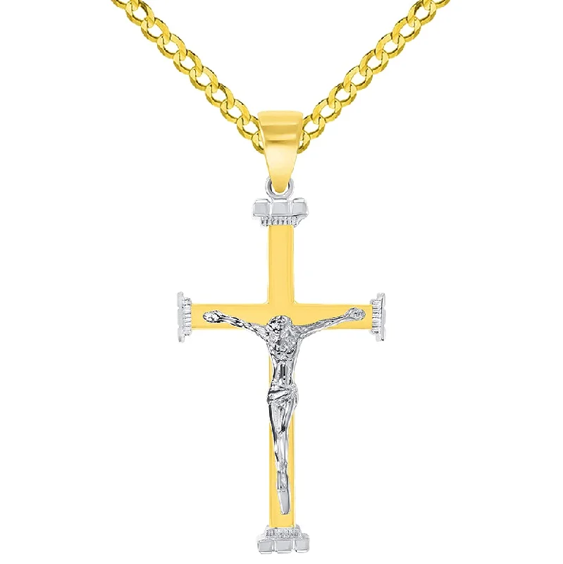 14k Solid Two-Tone Gold 3D Religious Crucifix Cross Pendant with Cuban Chain Curb Necklace