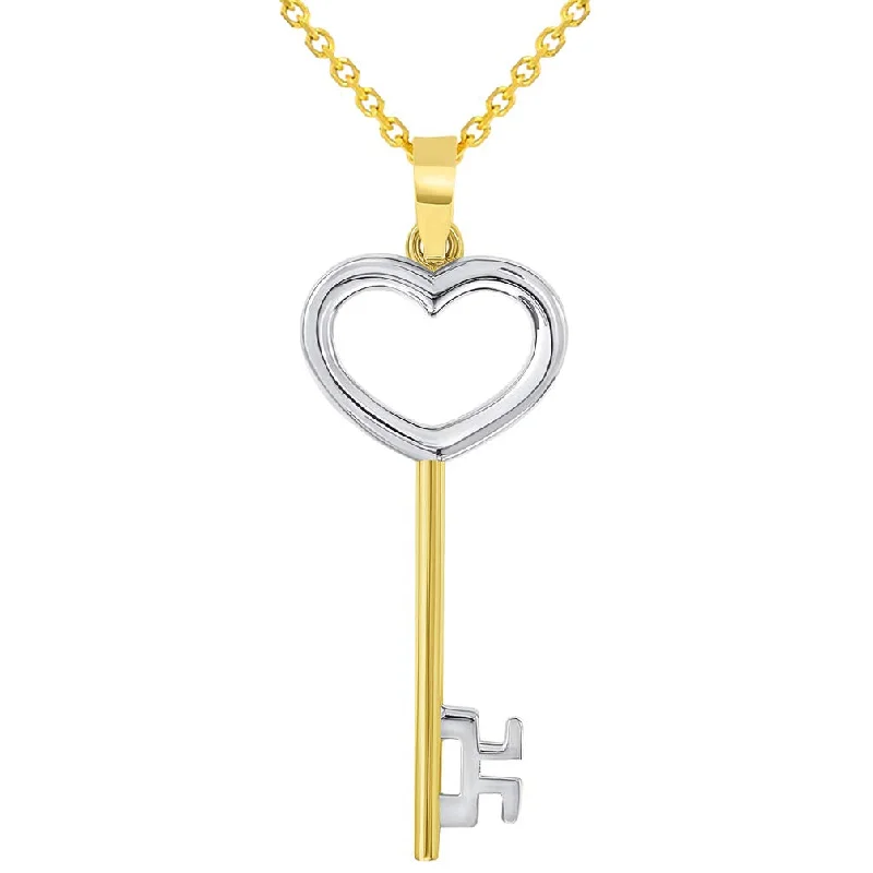 14k Solid Yellow Gold 3D Two Tone Open Heart Shaped Love Key Pendant Necklace