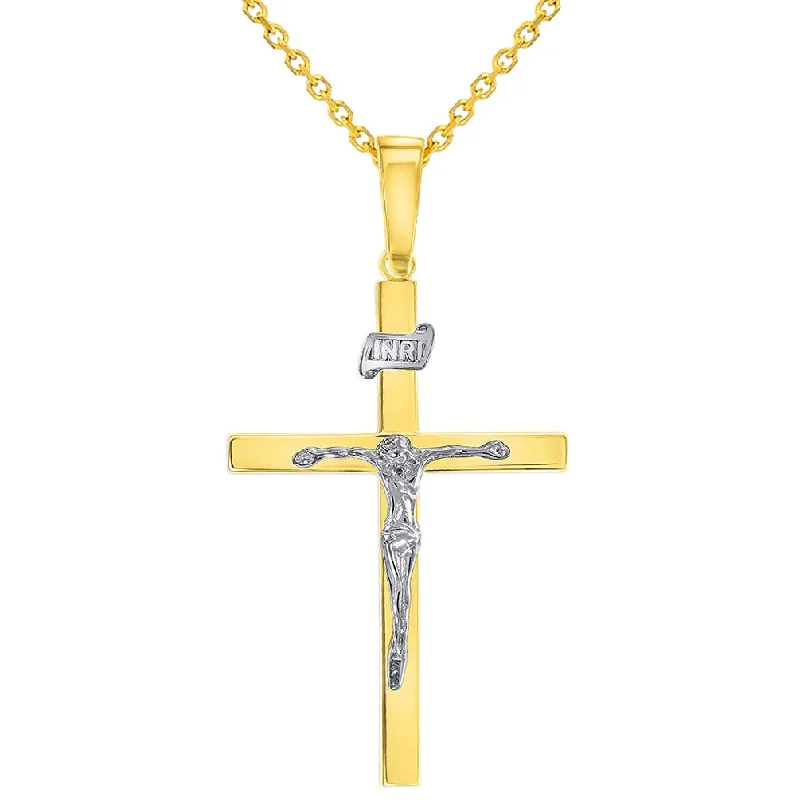 14k Two-Tone Gold 3D INRI Catholic Christian Crucifix Cross Pendant Necklace