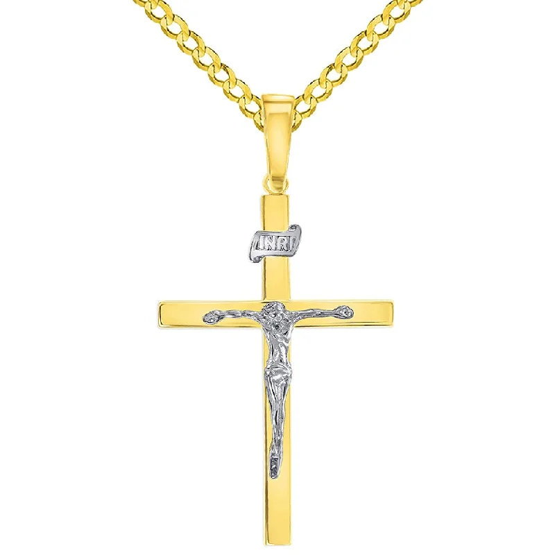 14k Two-Tone Gold 3D INRI Catholic Christian Crucifix Cross Pendant with Cuban Chain Curb Necklace