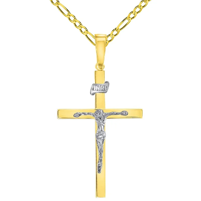 14k Two-Tone Gold 3D INRI Catholic Christian Crucifix Cross Pendant with Figaro Chain Necklace