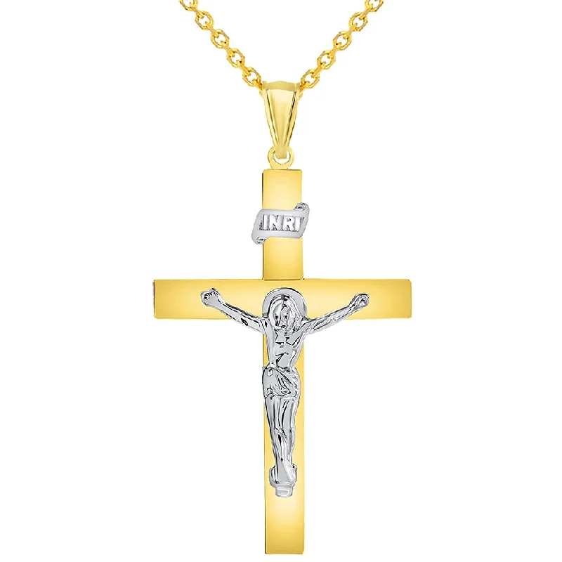 14k Two-Tone Gold 4mm Thick INRI Tubular Cross Roman Catholic Crucifix Pendant Necklace