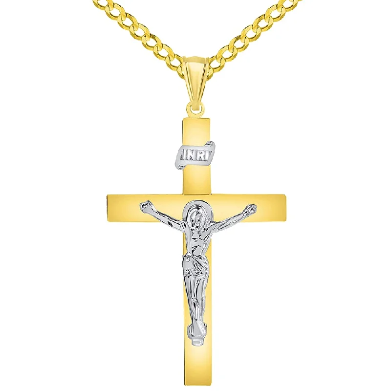 14k Two-Tone Gold 4mm Thick INRI Tubular Cross Roman Catholic Crucifix Pendant with Cuban Chain Curb Necklace