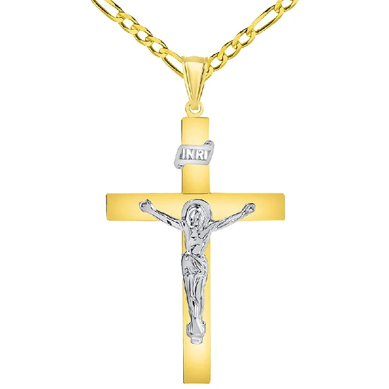 14k Two-Tone Gold 4mm Thick INRI Tubular Cross Roman Catholic Crucifix Pendant with Figaro Chain Necklace