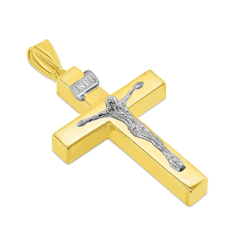 14k Two-Tone Gold 4mm Thick INRI Tubular Crucifix Roman Catholic Cross Pendant Necklace