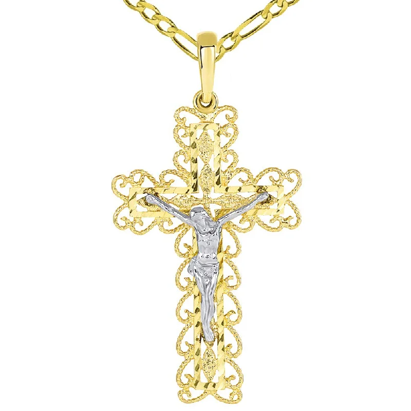 14k Two Tone Gold Fancy Religious Filigree Cross Jesus Crucifix Pendant with Figaro Necklace