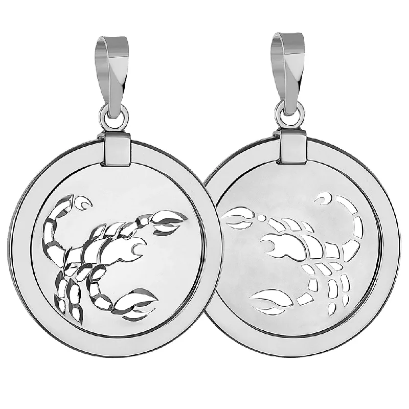 14k White Gold Round Scorpion Scorpio Zodiac Sign Medallion Pendant (Reversible)