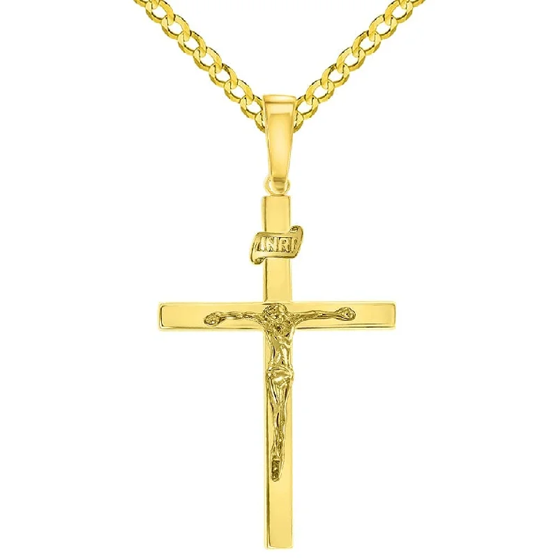 14k Yellow Gold 3D INRI Catholic Christian Crucifix Cross Pendant with Cuban Chain Curb Necklace