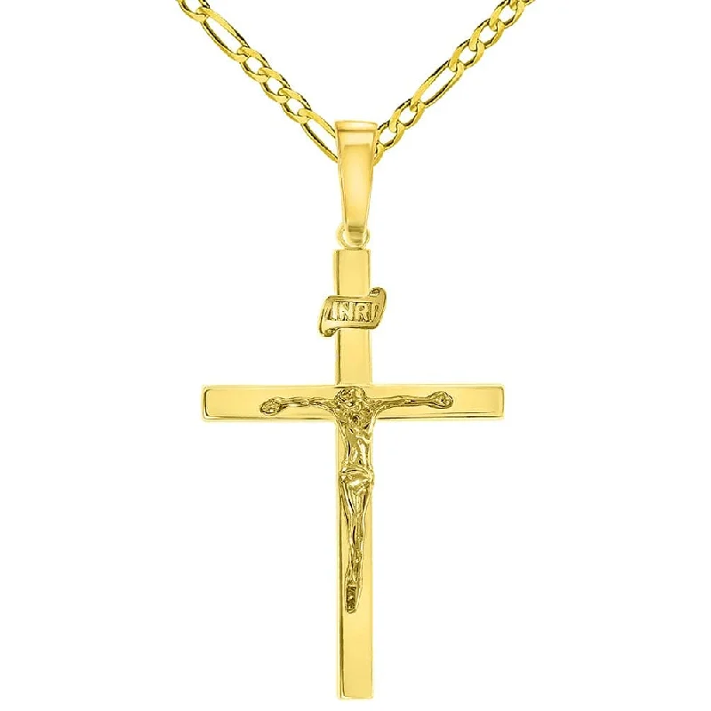 14k Yellow Gold 3D INRI Catholic Christian Crucifix Cross Pendant with Figaro Chain Necklace