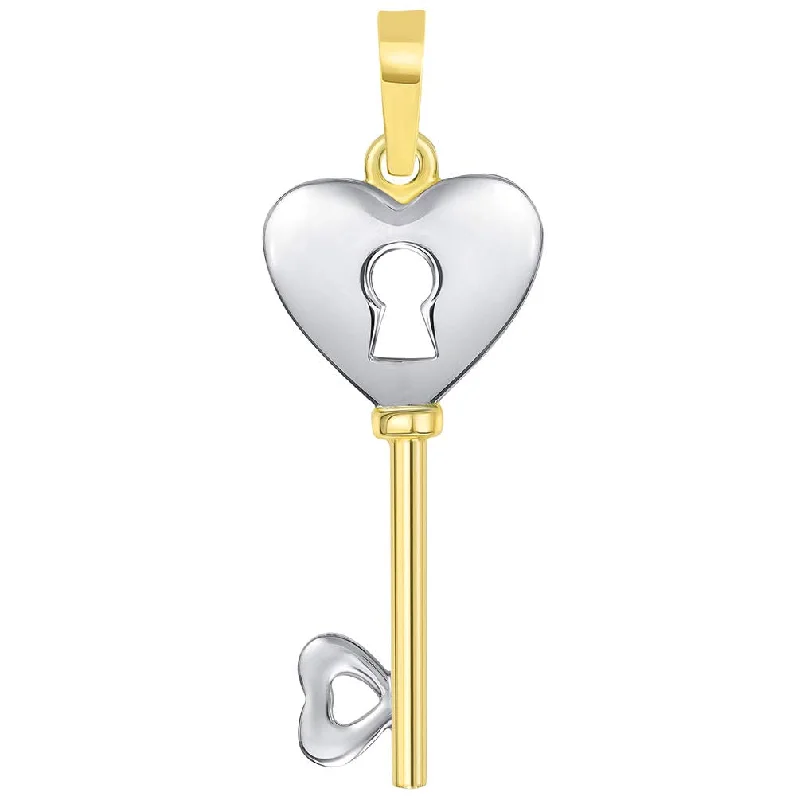 14k Yellow Gold 3D Two Tone Heart Shaped Love Key Pendant