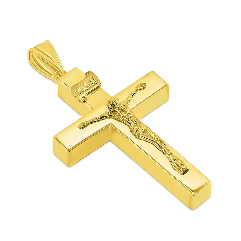 14k Yellow Gold 4mm Thick INRI Tubular Crucifix Cross Pendant