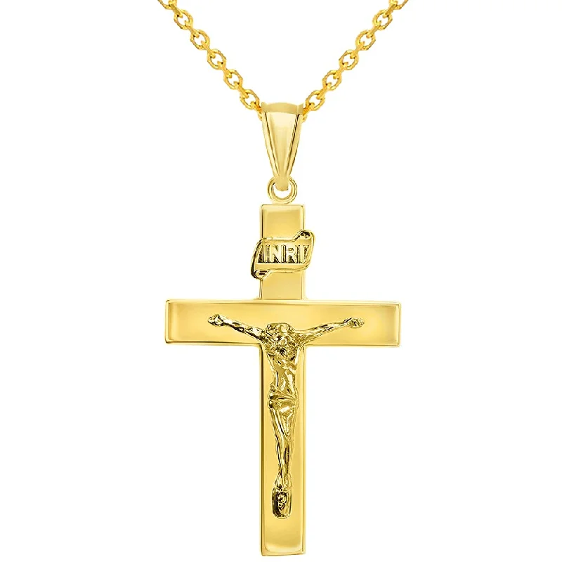 14k Yellow Gold 4mm Thick INRI Tubular Crucifix Roman Catholic Cross Pendant Necklace