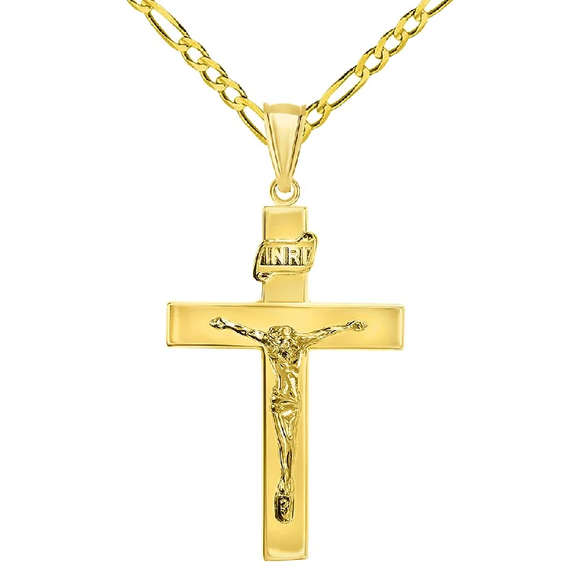 14k Yellow Gold 4mm Thick INRI Tubular Crucifix Roman Catholic Cross Pendant with Figaro Chain Necklace