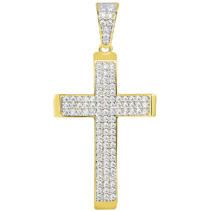 14k Yellow Gold Beveled Edge Classic Cross Pendant with Cubic Zirconia