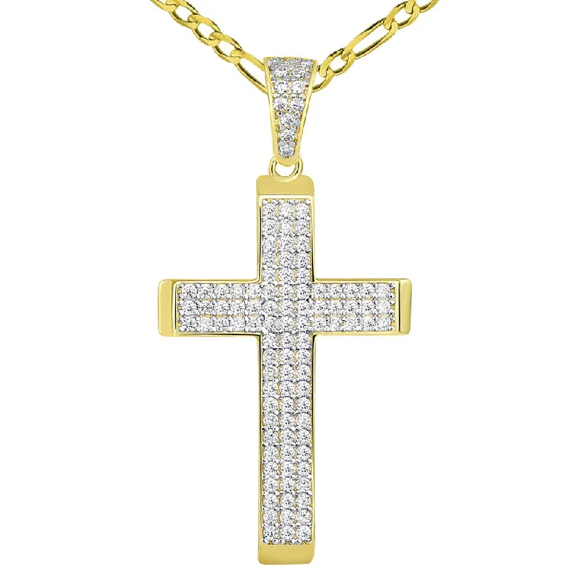 14k Yellow Gold Cubic Zirconia Beveled Edge Classic Cross Pendant Figaro Necklace