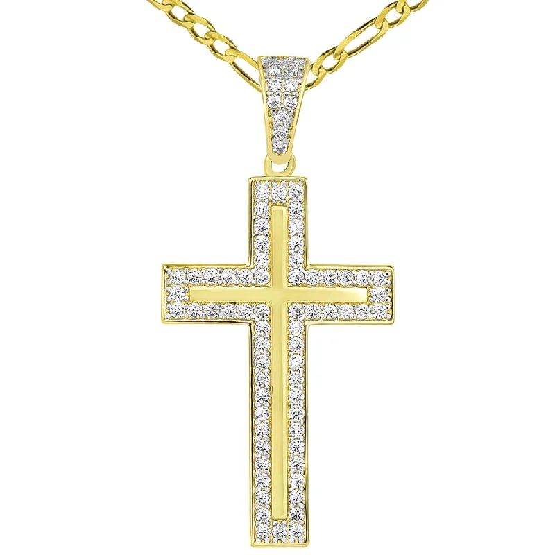 14k Yellow Gold Cubic Zirconia Elegant Traditional Latin Cross Pendant Figaro Necklace