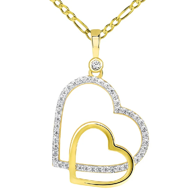 14k Yellow Gold CZ Dangling Sideways Open Double Heart Pendant Figaro Necklace