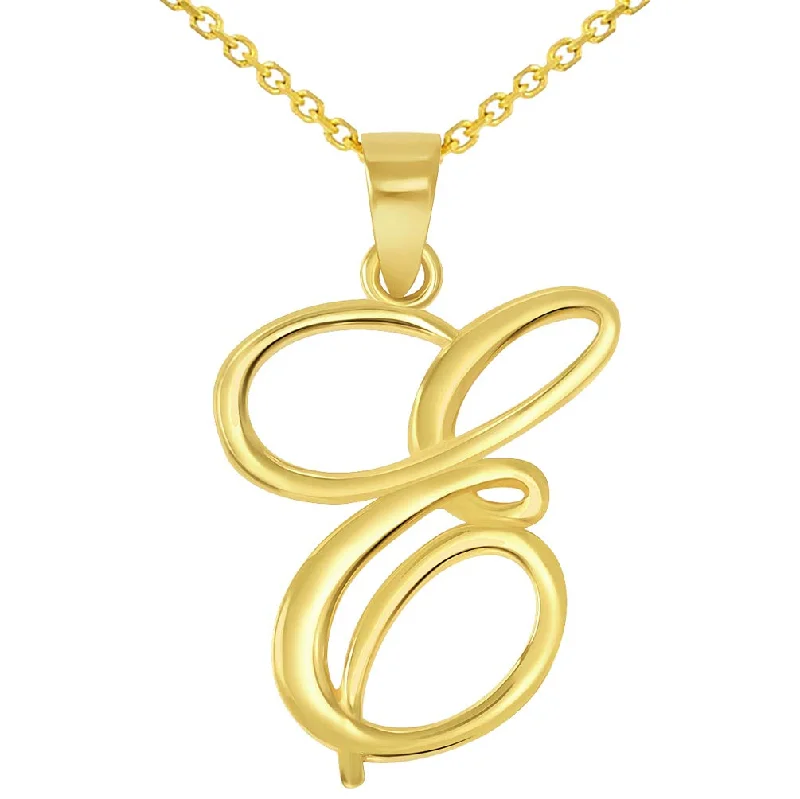 14k Yellow Gold Elegant Script Letter E Cursive Initial Pendant Necklace