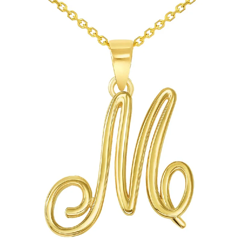 14k Yellow Gold Elegant Script Letter M Cursive Initial Pendant with Concave Cuban Link Curb Chain Necklace