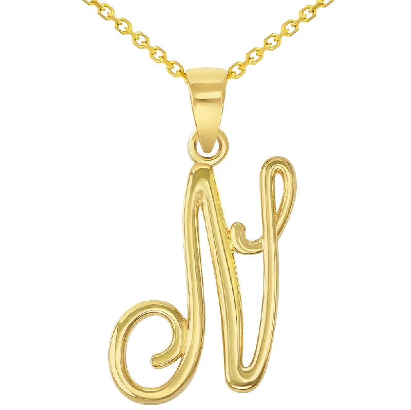 14k Yellow Gold Elegant Script Letter N Cursive Initial Pendant Necklace