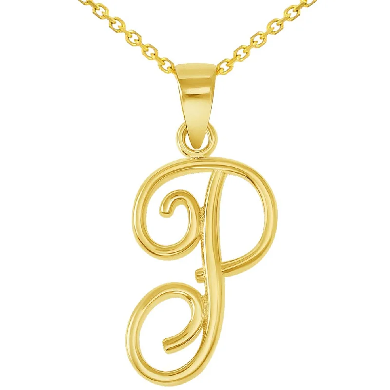 14k Yellow Gold Elegant Script Letter P Cursive Initial Pendant Necklace