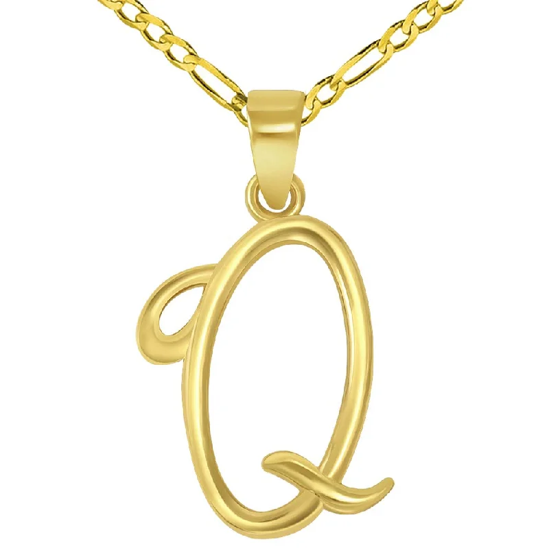 14k Yellow Gold Elegant Script Letter Q Cursive Initial Pendant with Figaro Chain Necklace