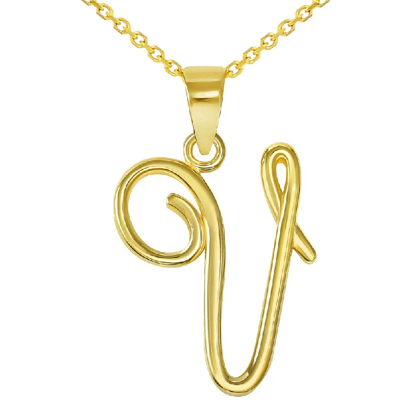 14k Yellow Gold Elegant Script Letter V Cursive Initial Pendant Necklace