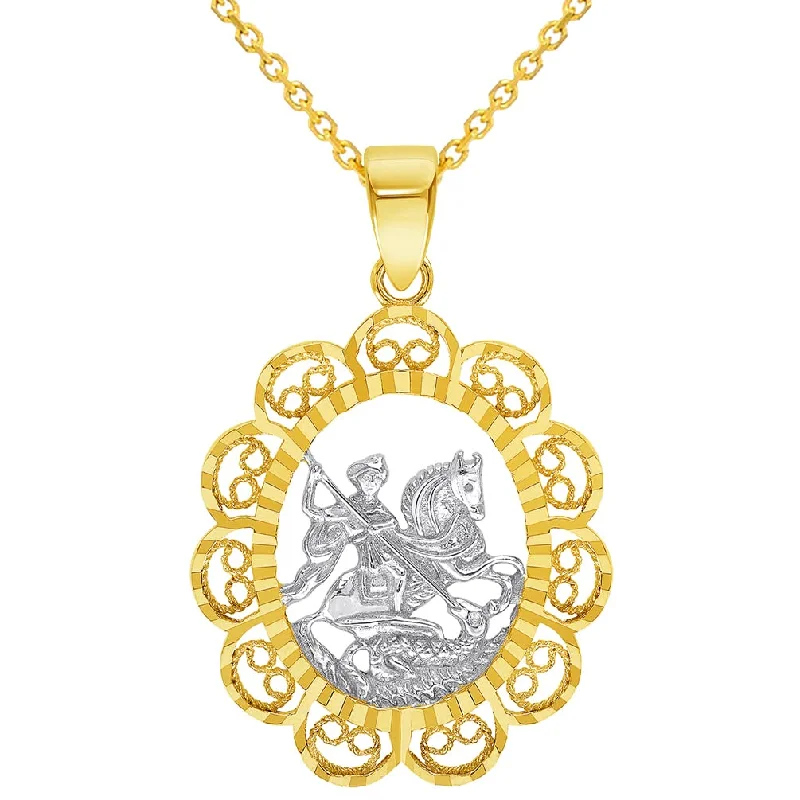 14k Yellow Gold Filigree Patron Saint George Medal Pendant with Cable, Curb, or Figaro Chain Necklaces