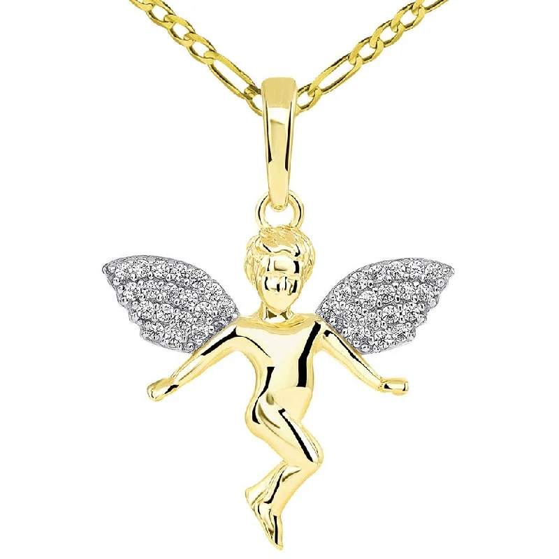 14k Yellow Gold Floating Guardian Angel with Micro Pave CZ Wings Pendant Figaro Chain Necklace