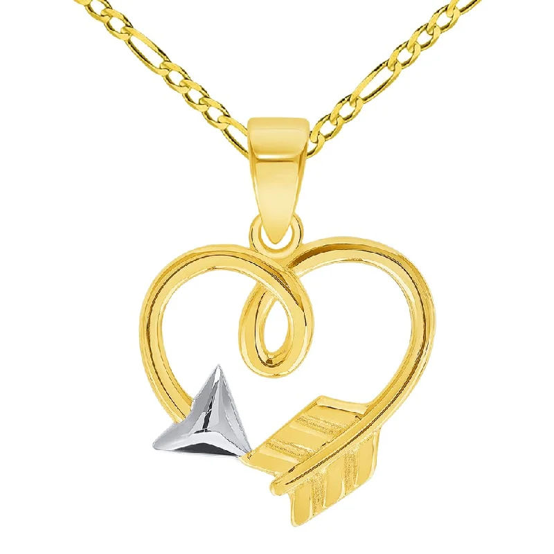 14k Yellow Gold Heart Shaped Arrow Pendant with Cable, Curb, or Figaro Chain Necklaces