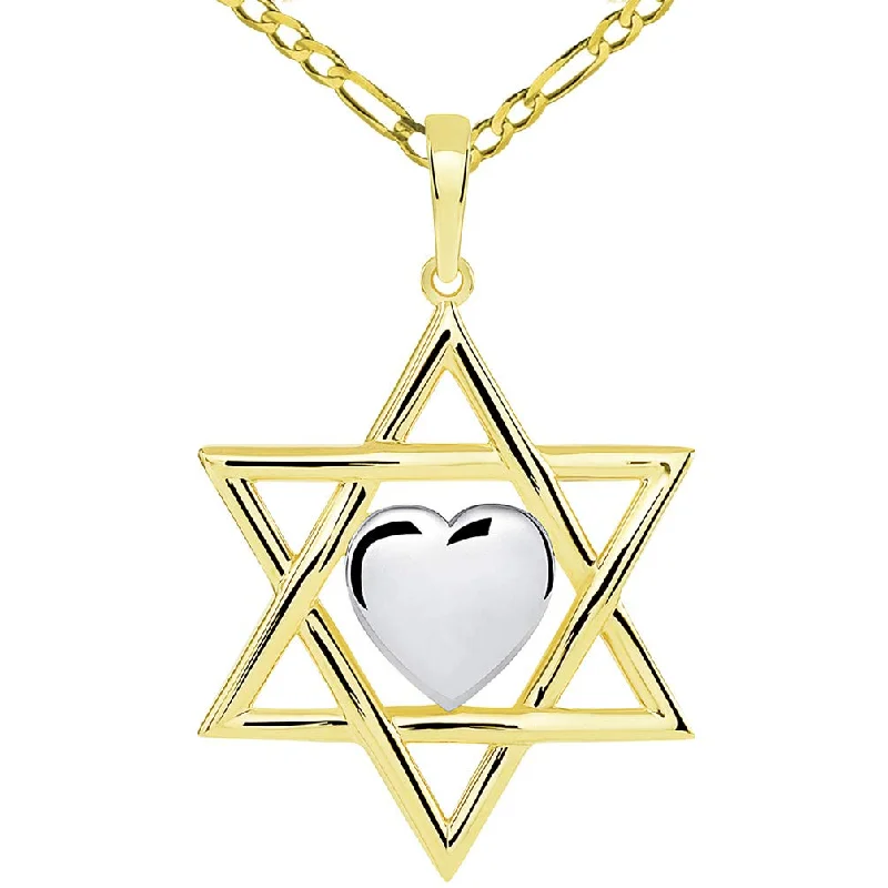 14k Yellow Gold Hebrew Love Star of David with Heart Pendant with Figaro Necklace