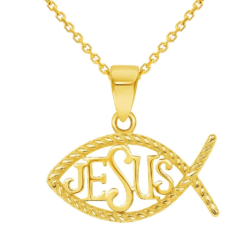 14k Yellow Gold Ichthus Jesus Christian Fish Symbol Pendant Cable, Curb, or Figaro Chain Necklaces