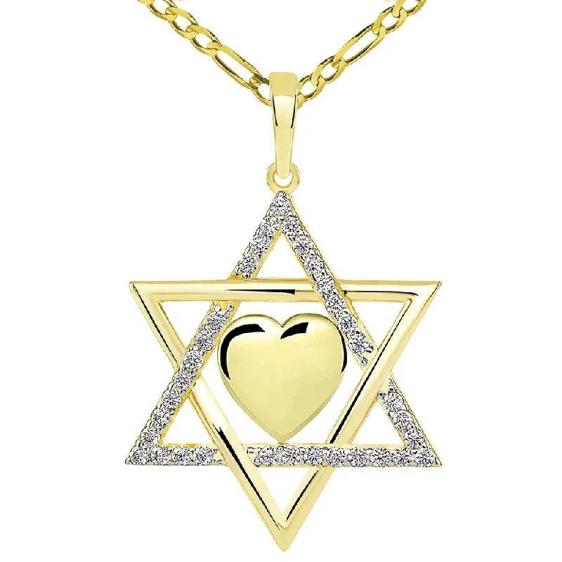 14k Yellow Gold Jewish Love CZ Star of David with Heart Pendant Figaro Necklace