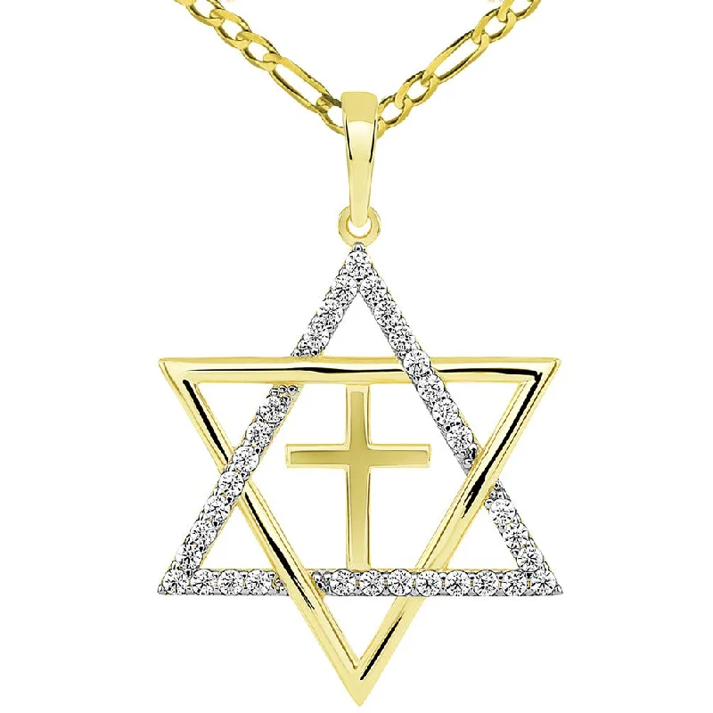 14k Yellow Gold Large CZ Star of David with Religious Cross Judeo Christian Pendant Figaro Necklace