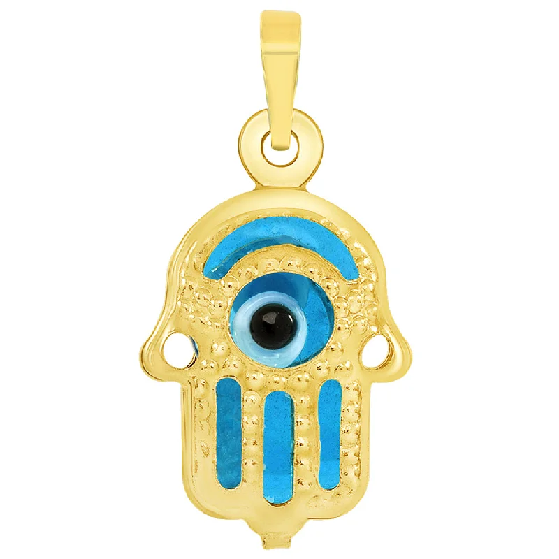 14k Yellow Gold Mini Blue Evil Eye Hamsa Hand Charm Pendant