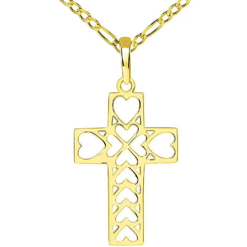 14k Yellow Gold Open Heart Christian Cross Pendant with Figaro Necklace