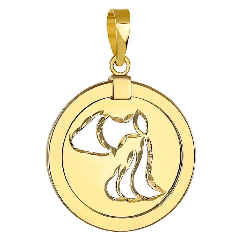 14K Yellow Gold Reversible Round Aquarius Zodiac Sign Pendant