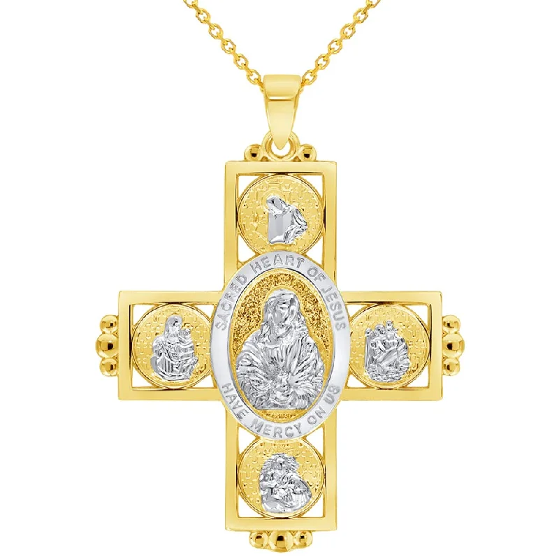 14k Yellow Gold Sacred Heart of Jesus Four Way Cross Miraculous Pendant with Cable, Curb, or Figaro Chain Necklaces