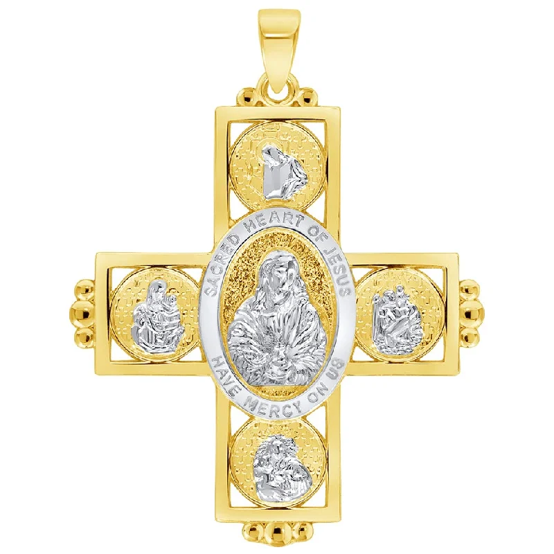 14k Yellow Gold Sacred Heart of Jesus Four Way Cross Miraculous Pendant