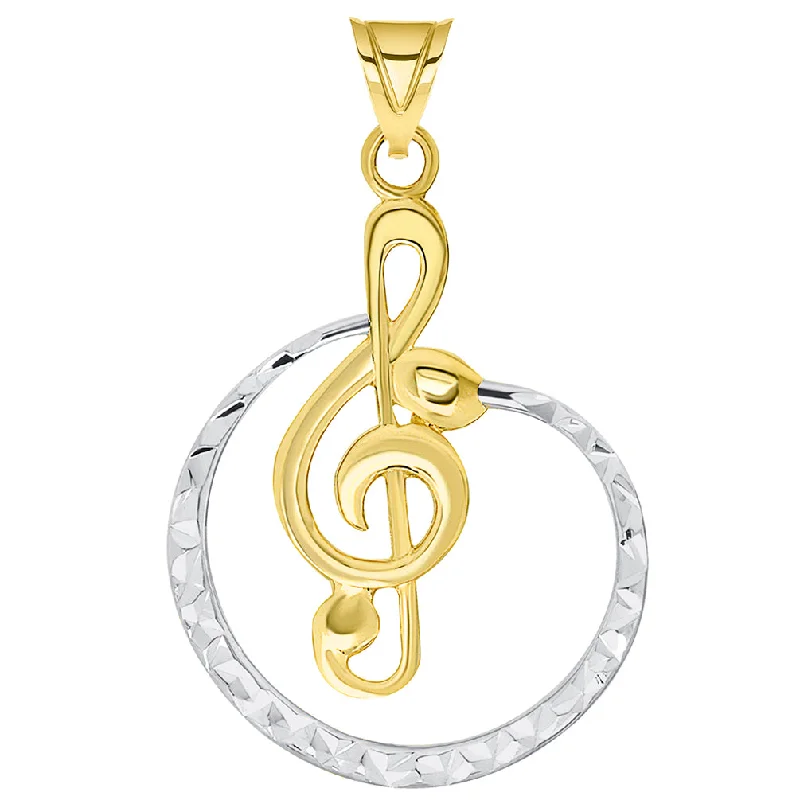 14k Yellow Gold Textured Two Tone Cirlce G Clef Charm Musical Note Pendant