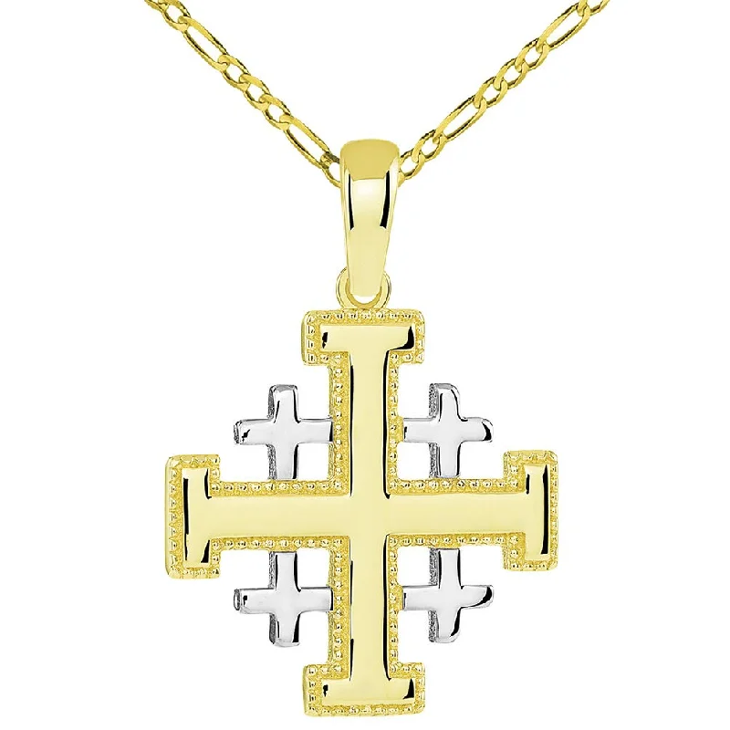 14k Yellow Gold Two Tone Crusaders Jerusalem Cross Pendant with Figaro Chain Necklace