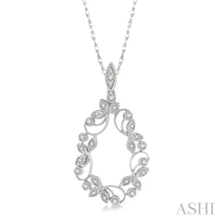 1/5 ctw Leafy Carved Round Cut Diamond Drop Pendant With Chain in 10K White Gold