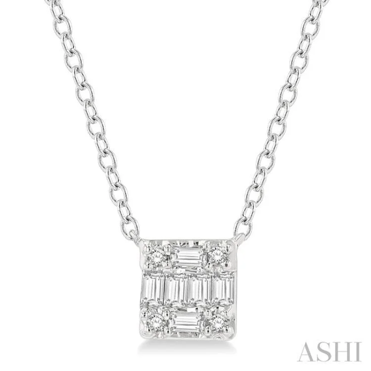 1/8 ctw Square Shape Baguette and Round Cut Diamond Petite Fashion Pendant With Chain in 14KWhite Gold