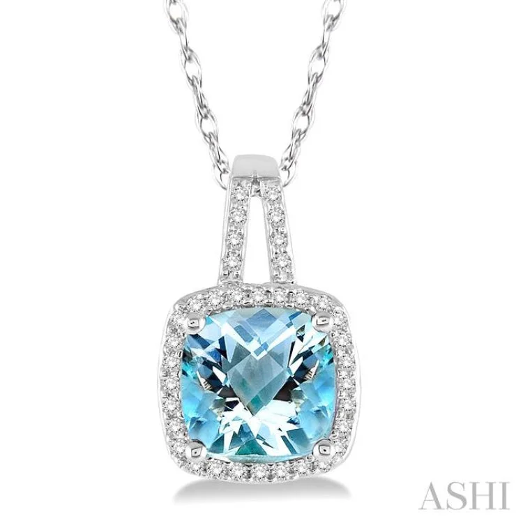 8x8 MM Cushion Cut Aquamarine and 1/5 Ctw Round Cut Diamond Pendant in 10K White Gold with Chain