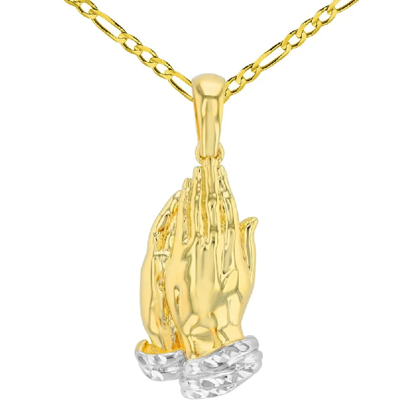 High Polished 14K Yellow Gold Religious Praying Prayer Hands Pendant with Figaro Necklace