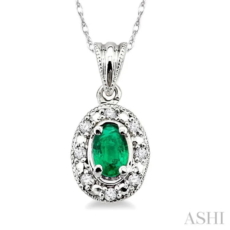 5x3mm Oval Shape Emerald and 1/20 Ctw Single Cut Diamond Pendant in 10K White Gold with Chain